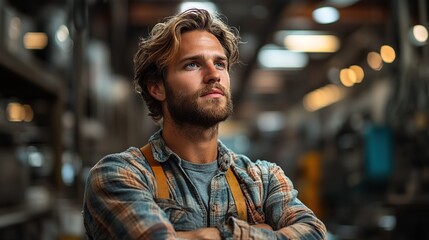 Canvas Print - Indoor portrait of young industrial man standing with arms crossed in metal workshop looking away..stock image