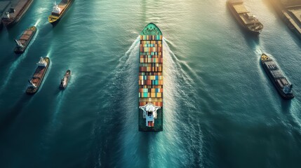 Wall Mural - Aerial view of a cargo ship navigating through a busy port, surrounded by containers and vessels in calm waters.