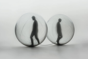 Two people are walking in two inflatable spheres