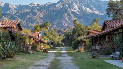 A serene mountain resort showcasing cozy cabins nestled among lush greenery and majestic peaks at sunset. Generative AI