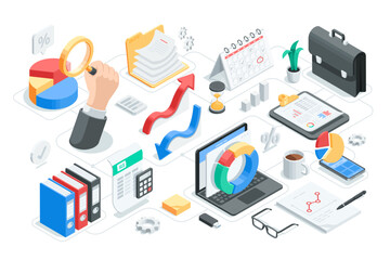 Wall Mural - isometric vector set of icons on the topic of business analytics, in color on a white background, charts and diagrams on paper and a laptop, as well as folders and a briefcase