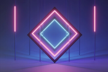 Futuristic Neon Diamond. Abstract 3D Design with Geometric Pink and Blue Glow.