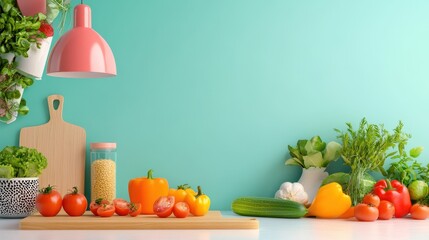 Fresh Vegetables on Kitchen Counter with Mint Wall