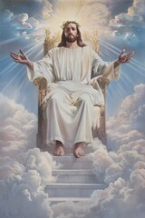 Wall Mural - Jesus sitting on the throne in heaven and welcoming his followers. Second coming of Jesus Christ. Biblical scene. Christian religion concept