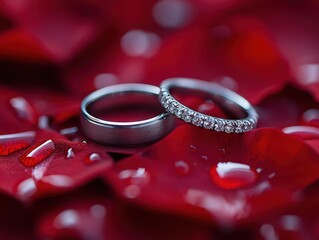 two intertwined diamond rings on red rose petals soft focus background symbol of eternal love and commitment