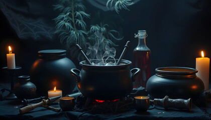 Wall Mural - Witch's cauldron with potion and different magic attributes for ritual on dark background isolated with white highlights, png