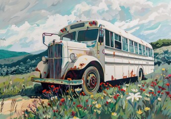 Sticker - Vintage Bus Parked in a Field of Flowers