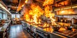 © Adisorn - Flames engulf a commercial kitchen, with fire spreading rapidly across countertops, appliances, and cabinets, as smoke billows and water sprinklers activate in desperate attempt to extinguish.