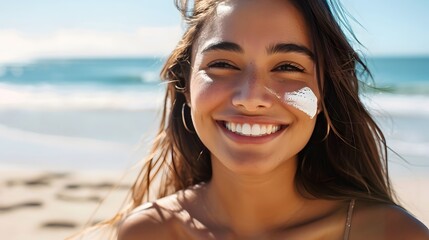 Beautiful woman smiling at the camera while standing on the beach