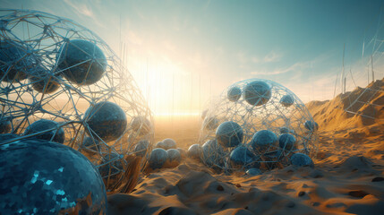 Wall Mural - abstract scfi-fi landscape with connected 3d balls and molecular grid structure. futuristic surreal 