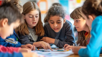 Wall Mural - School kids work together on a class project