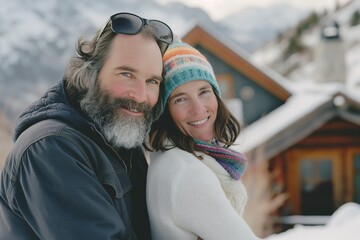 A couple enjoys their winter vacation at a cozy mountain cabin. The picture captures the joy and peace of this winter getaway, with a snowy backdrop and happy smiles creating a perfect holiday scene