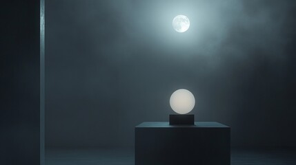 Wall Mural - A white ball sits on a black pedestal in a dark room