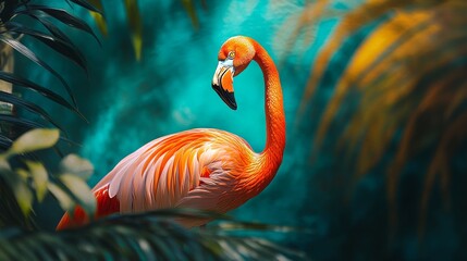 Wall Mural - Colorful Flamingo, blue-green scene.