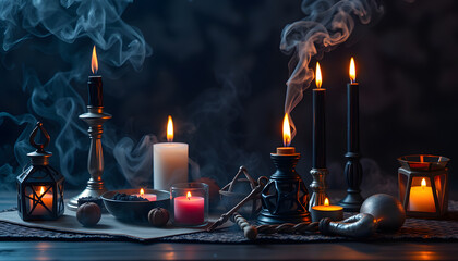 Magic and occult attributes on the table, pagan magic symbols background. Blowing black witchcraft candles. Spiritual mood and witch craft with mystic fantasy background and smoke isolated with whit