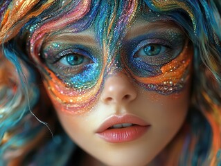 Wall Mural - whimsical girl with vibrant face paint playful expression surrounded by swirling colors and fantastical elements in a dreamlike atmosphere