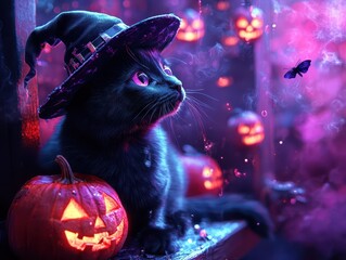 whimsical halloween scene mischievous black cat wearing witch hat floating jackolanterns magical purple mist cozy haunted interior