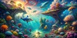 © Four888 - Surreal Ocean Dreamscape: Underwater world rendered in dreamlike colors, distorted perspectives, and whimsical creatures.