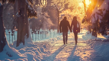 couple walking through a snow-covered park