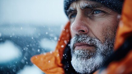 Enticing image of a blurred figure clad in an orange jacket, delighting in snowy weather, encapsulating the beauty of winter and joyful experiences outdoors.