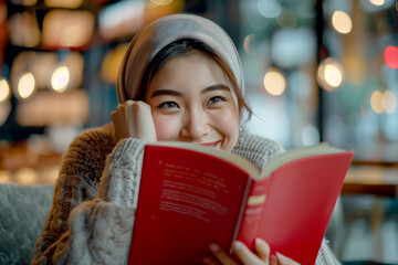 Young asian Woman Reading a Red Book in a Cafe