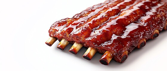 Glossy barbecue ribs glazed with sauce, the juices seeping out as the meat pulls away from the bone, close-up, realistic textures