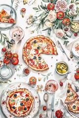 Wall Mural - Pizza on the table. Top view. Vertical watercolor background