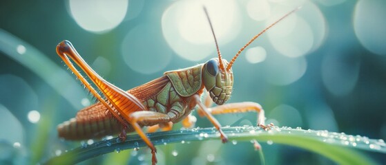 Wall Mural - A Close-Up of a Grasshopper on a Blade of Grass