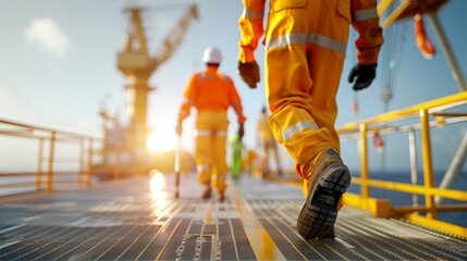 A group of workers wearing yellow safety gear are walking on a platform