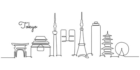 Wall Mural - Tokyo Japan skyline continuous line drawing. Building and architecture concept Vector illustration.