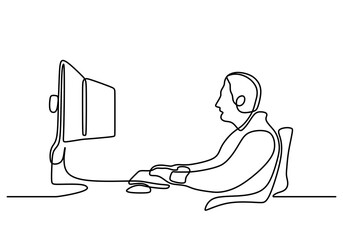 Wall Mural - Continuous Line Drawing of Man Using Computer. Business Illustration.