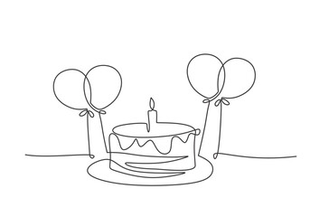 Wall Mural - Minimalist Line Drawing of Cake and Balloons - Vector Banner for Celebratory Events.