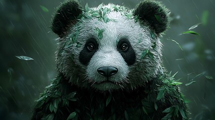 Wall Mural - A panda bear with leaves on its fur, staring intensely at the camera, amidst falling leaves in a dark green forest.