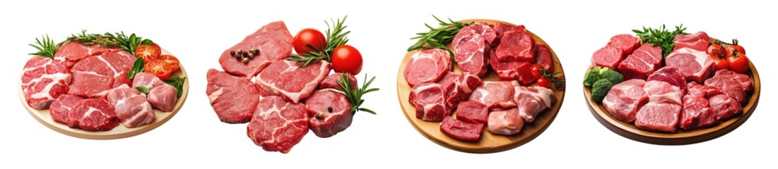 Collection set of raw meat platters isolated on transparent or white background