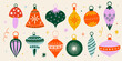 © WeirdyTales - Collection of beautiful ornament winter holiday decorations for Christmas tree vector cartoon flat illustration, retro Xmas baubles stickers set, hanging toys design elements