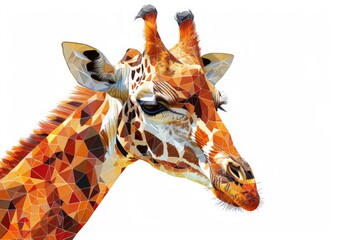 Wall Mural - Close-up portrait of a giraffes head, rendered in a vibrant polygonal style. Image showcases the animals distinctive features, including its long neck, spotted coat, and large ears