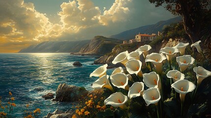 Sticker - A picturesque coastal scene with a cluster of white calla lilies in the foreground, a quaint village nestled on a cliff, and a shimmering ocean under a dramatic sunset sky.