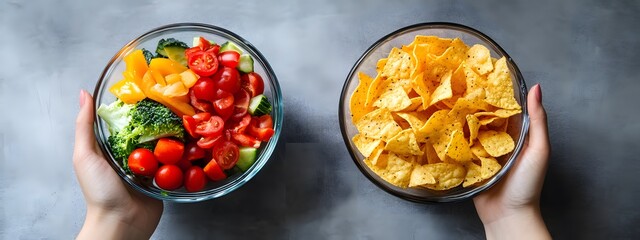 Culinary food concept, featuring healthy and assorted vegetables in a glass bowl on the left hand, with potato chips or tortilla chips in the right hand, set against a grey background