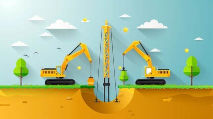 A construction site with a large yellow excavator digging into the ground