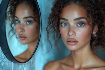 Close-up portrait of an attractive woman near a mirror