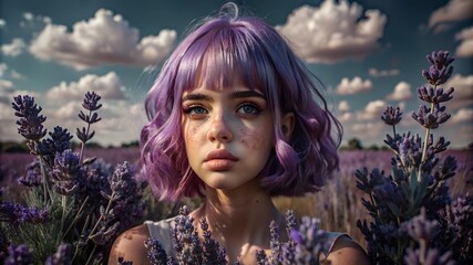 Close up view of beautiful girl with curly purple hair amidst swath of blooming lavender flowers