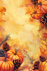 Wall Mural - A warm and vibrant autumn illustration featuring pumpkins, pinecones, and colorful fall leaves on a soft, textured background perfect for harvest celebrations, Thanksgiving, and fall decor themes.