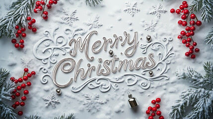 Wall Mural - illustration of text merry christmas written in stylish font, snowy theme, decorations on the sides, concept of Christmas