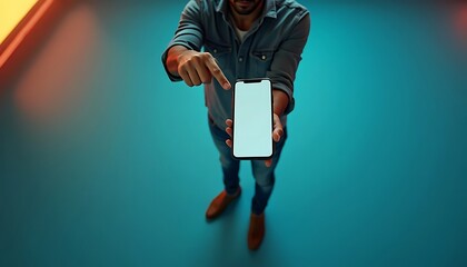Man standing in a studio holding a smartphone with a blank screen