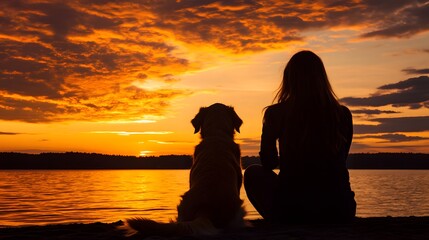 A woman and her dog watching the sunset over water. The sky is a beautiful orange, with stunning colors