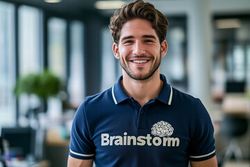 Wall Mural - brainstorm sign on a polo shirt of a young man standing in an office for a meeting, fit strong handsome professional with large smile bearded brown hair, happy employee in corporate company