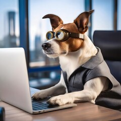 Dog wearing a grey shirt and goggles working on a laptop in an office