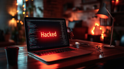 A laptop screen displaying a red alert message with the words 