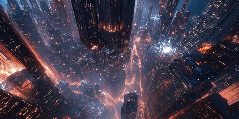 Wall Mural - Aerial view of futuristic city with glowing lights.