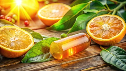 Warm sunlight illuminates a bright orange vitamin D capsule, surrounded by lush green leaves and a few slices of fresh citrus fruit, on a wooden table.